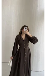 Naples Balon Kol Bel Detay Düğmeli Elbise - Kahverengi - Kod: 4191