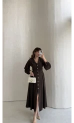 Naples Balon Kol Bel Detay Düğmeli Elbise - Kahverengi - Kod: 4191