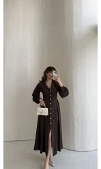 Naples Balon Kol Bel Detay Düğmeli Elbise - Kahverengi - Kod: 4191