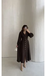 Naples Balon Kol Bel Detay Düğmeli Elbise - Kahverengi - Kod: 4191