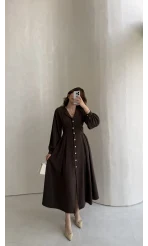 Naples Balon Kol Bel Detay Düğmeli Elbise - Kahverengi - Kod: 4191