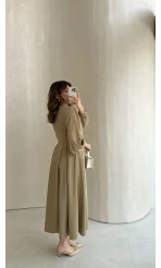 Naples Balon Kol Bel Detay Düğmeli Elbise - Haki - Kod: 4191