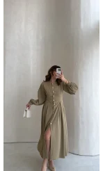 Naples Balon Kol Bel Detay Düğmeli Elbise - Haki - Kod: 4191