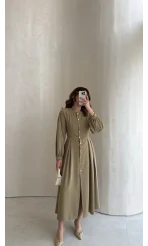 Naples Balon Kol Bel Detay Düğmeli Elbise - Haki - Kod: 4191