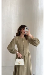 Naples Balon Kol Bel Detay Düğmeli Elbise - Haki - Kod: 4191