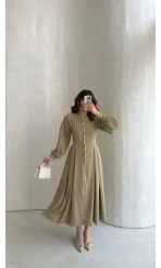 Naples Balon Kol Bel Detay Düğmeli Elbise - Haki - Kod: 4191