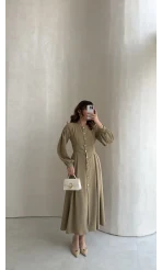 Naples Balon Kol Bel Detay Düğmeli Elbise - Haki - Kod: 4191