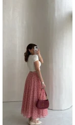 Şifon Puantiye Desenli Kloş Etek - Pembe - Kod: 0613