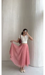 Şifon Puantiye Desenli Kloş Etek - Pembe - Kod: 0613