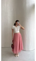 Şifon Puantiye Desenli Kloş Etek - Pembe - Kod: 0613