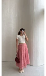 Şifon Puantiye Desenli Kloş Etek - Pembe - Kod: 0613