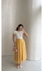 Şifon Puantiye Desenli Kloş Etek - Sarı - Kod: 0613