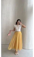 Şifon Puantiye Desenli Kloş Etek - Sarı - Kod: 0613