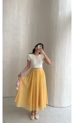 Şifon Puantiye Desenli Kloş Etek - Sarı - Kod: 0613