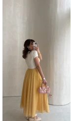 Şifon Puantiye Desenli Kloş Etek - Sarı - Kod: 0613