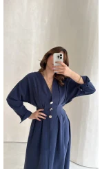 Önü Aksesuar Detaylı Modal Elbise - Lacivert - Kod: 3078