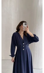 Önü Aksesuar Detaylı Modal Elbise - Lacivert - Kod: 3078
