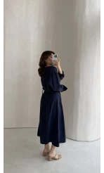 Önü Aksesuar Detaylı Modal Elbise - Lacivert - Kod: 3078