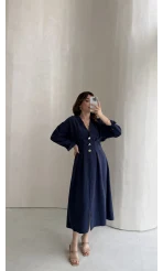 Önü Aksesuar Detaylı Modal Elbise - Lacivert - Kod: 3078
