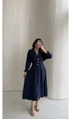 Önü Aksesuar Detaylı Modal Elbise - Lacivert - Kod: 3078