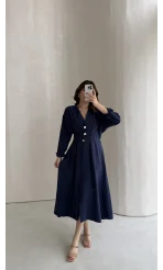 Önü Aksesuar Detaylı Modal Elbise - Lacivert - Kod: 3078