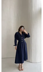 Önü Aksesuar Detaylı Modal Elbise - Lacivert - Kod: 3078