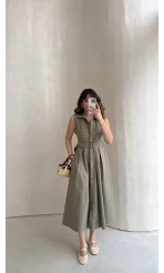 Keten Sıfır Kol Kuşaklı Elbise - Haki - Kod: 580905