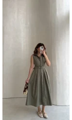 Keten Sıfır Kol Kuşaklı Elbise - Haki - Kod: 580905
