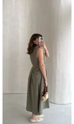 Keten Sıfır Kol Kuşaklı Elbise - Haki - Kod: 580905