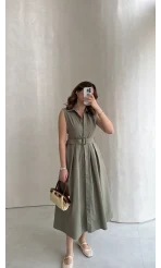 Keten Sıfır Kol Kuşaklı Elbise - Haki - Kod: 580905