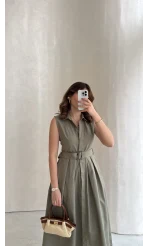 Keten Sıfır Kol Kuşaklı Elbise - Haki - Kod: 580905