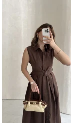 Keten Sıfır Kol Kuşaklı Elbise - Kahverengi - Kod: 580905