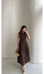 Keten Sıfır Kol Kuşaklı Elbise - Kahverengi - Kod: 580905