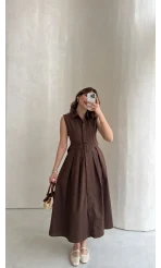 Keten Sıfır Kol Kuşaklı Elbise - Kahverengi - Kod: 580905