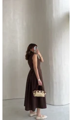 Keten Sıfır Kol Kuşaklı Elbise - Kahverengi - Kod: 580905