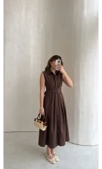 Keten Sıfır Kol Kuşaklı Elbise - Kahverengi - Kod: 580905
