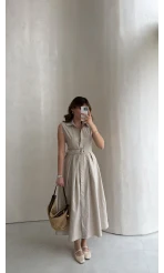 Keten Sıfır Kol Kuşaklı Elbise - Taş - Kod: 580905