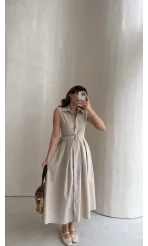 Keten Sıfır Kol Kuşaklı Elbise - Taş - Kod: 580905