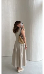 Keten Sıfır Kol Kuşaklı Elbise - Taş - Kod: 580905