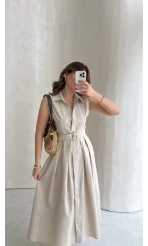 Keten Sıfır Kol Kuşaklı Elbise - Taş - Kod: 580905