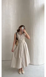 Keten Sıfır Kol Kuşaklı Elbise - Taş - Kod: 580905
