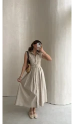 Keten Sıfır Kol Kuşaklı Elbise - Taş - Kod: 580905