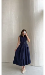 Keten Sıfır Kol Kuşaklı Elbise - Lacivert - Kod: 580905