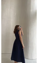 Keten Sıfır Kol Kuşaklı Elbise - Lacivert - Kod: 580905