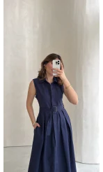 Keten Sıfır Kol Kuşaklı Elbise - Lacivert - Kod: 580905