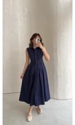 Keten Sıfır Kol Kuşaklı Elbise - Lacivert - Kod: 580905