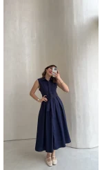 Keten Sıfır Kol Kuşaklı Elbise - Lacivert - Kod: 580905