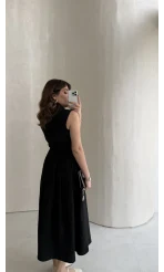 Keten Sıfır Kol Kuşaklı Elbise - Siyah - Kod: 580905