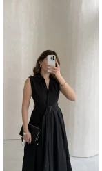 Keten Sıfır Kol Kuşaklı Elbise - Siyah - Kod: 580905