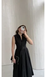 Keten Sıfır Kol Kuşaklı Elbise - Siyah - Kod: 580905